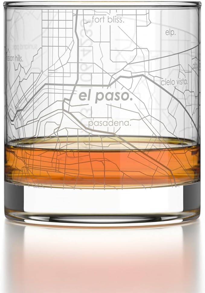 Well Told Engraved El Paso Texas Map Rocks Glass, Old Fashioned Glassware (11 oz, Clear) Etched Bourbon Tumbler, Gifts For Whiskey Lovers