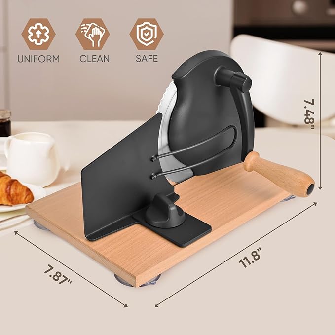 Manual Bread Slicer with Hand Crank, Classic Home Bread Slicer for Homemade Sourdough, Rotary Slicer with Adjustable Thickness, Premium Stainless Steel & Powerful Suction Cups (Black)