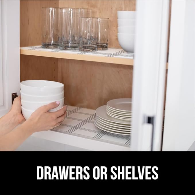 GORILLA GRIP Slip Resistant Drawer and Shelf Liner 2 Pack, Non Adhesive Water Resistant, Easy Trim, Smooth Surface Liners for Kitchen Cabinet Shelves Drawers Pantry, 17.5 IN x 20 FT, Stripe Gray White
