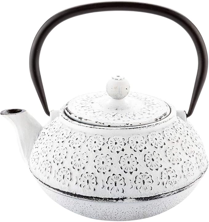 Restaurantware-30 Ounce Japanese Teapot, 1 Enamel Coated Japanese Tea Kettle - Cherry Blossom Design, Includes Mesh Strainer, White Cast Iron Primitive Kettle, For Teabags And Loose Leaf Tea