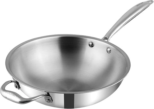 Vinod Platinum Triply Stainless Steel Wok - 3 Litre, 26 cm | Riveted Handle | Stir, Shallow Fry/Noodles/Curry/Fried Rice | Induction Base | - Silver