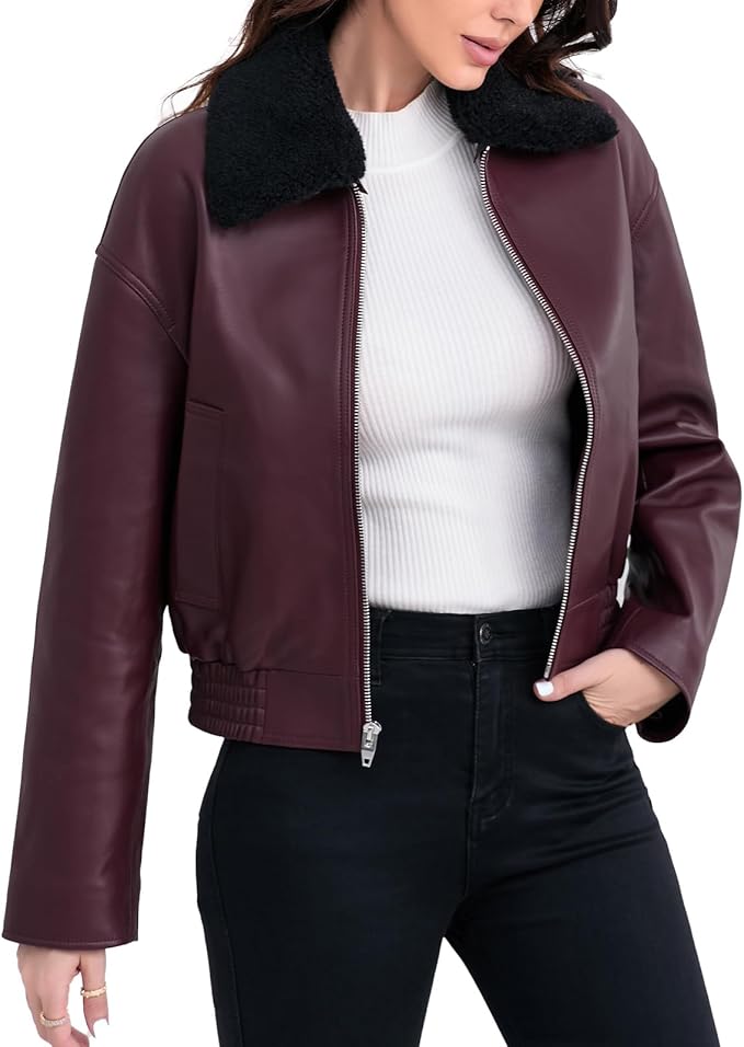 SILVER FASHIONS Leather Jacket Women,Cropped Lambskin Bomber Jacket,Removable Sherpa Collar, Zip Front, Elasticized Hem