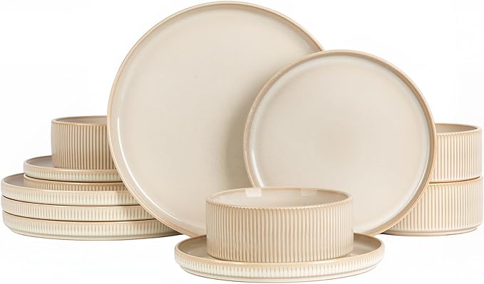 Stoneware Dinnerware Sets, Plates and Bowls Sets for 4, 12-Piece Ribbed Dishes – Chip & Scratch Resistant, Microwave and Dishwasher Safe Tableware, Beige