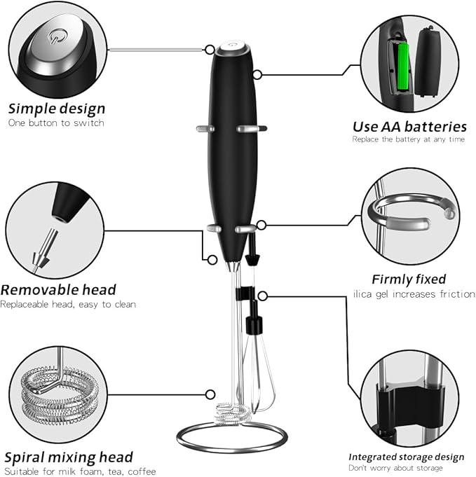 Electric Milk Frother, Handheld Battery Operated Foam Maker with Removable Head, Spiral Mixing Whisk for Coffee, Latte, Cappuccino, Hot Chocolate (White)