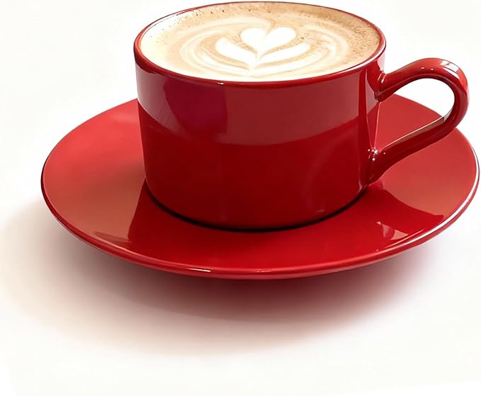 Porcelain 8oz Cappuccino Cup with Saucer - Ceramic Coffee Mug Perfect For Latte&Tea - Microwave and Dishwasher Safe -Tea Cup Sets for Afternoon Party,Christmas Gift,Red