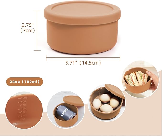 XU&PEIQI 24oz Silicone Food Storage Containers,Round Bowls with Lids - Meal Prep Containers for Kitchen Serving, Salad & Lunch - Airtight, Microwave/Fridge/Dishwasher Safe, BPA-Free (Beige，1PACK)