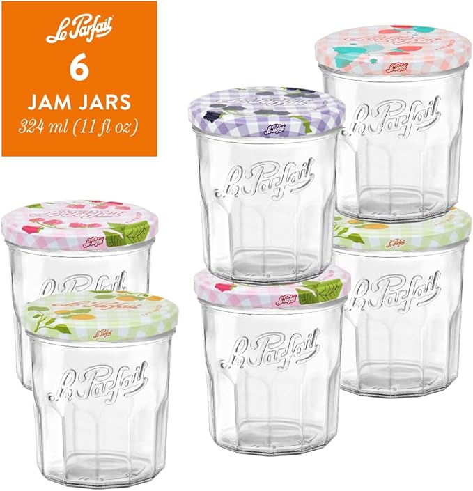Le Parfait Jam Jars Clear Canning Jars w/Colorful Airtight Metal Lids | Sturdy French Faceted Non-Slip Glass Body | Works for Jam + Jelly Storage, Snacks, Picnic, DIY| 11oz (Pack of 6) 324ml