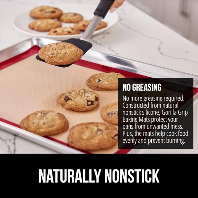 GORILLA GRIP Reusable Nonstick Silicone Baking Mat, 2-Pack, 16.5x11.87, Half Sheet, BPA-Free Oven Safe Food Liner for Cookie Sheets, No Mess Easy Clean Pastry Mats, Holiday Baking Essentials, Red