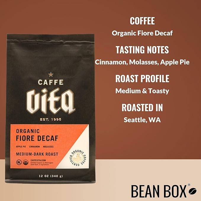 Organic Fiore Decaf - Roasted by Caffe Vita - Whole Bean Coffee - 12 Ounce Bag