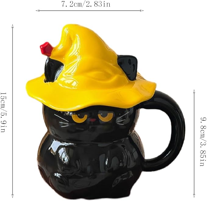 Cute Magic Cat Mug, Halloween Cat with Hat Cup, Mugs for Cat Lovers, Ceramic Mug with Lid, Gifts for Adults Kids Women