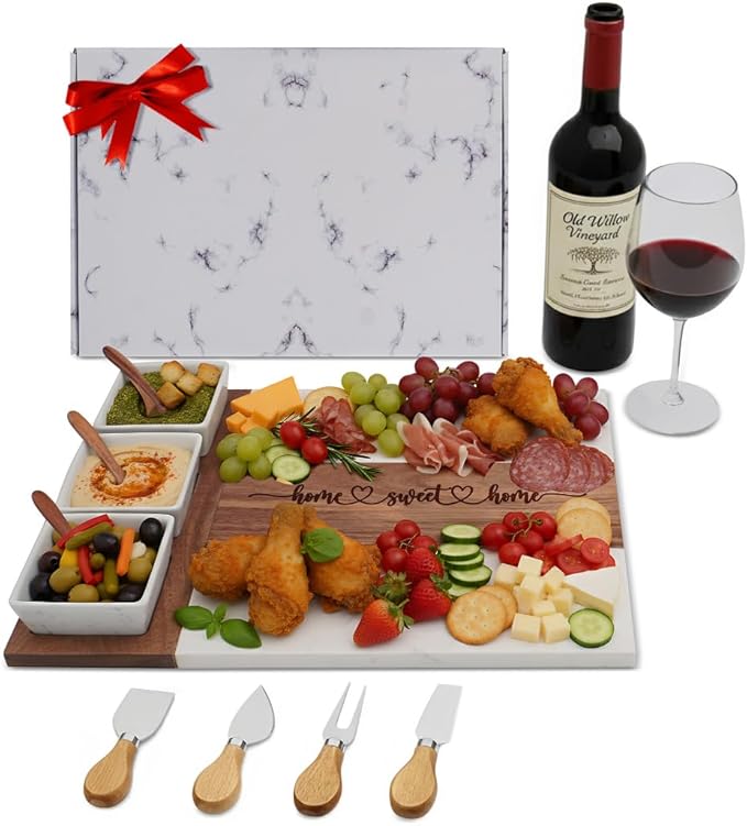 EMM Marble Cutting Board Set, Charcuterie Cheese Boards, 3 Bowls, 3 Spoons, 4 Charcuterie Utensils, Meat, Fruits, Vegetables, Housewarming, Wedding - Home Sweet Home