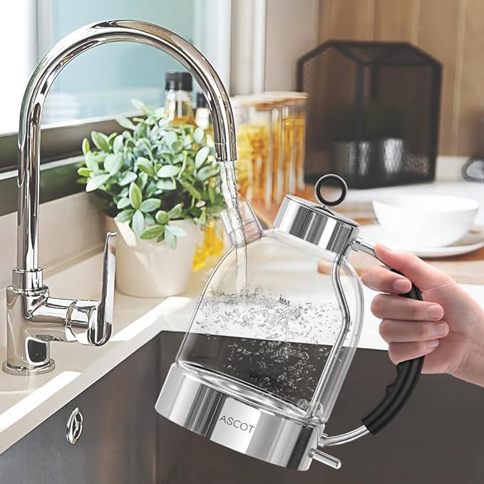 ASCOT Electric Kettle, Glass Electric Tea Kettle Gifts for Men/Women/Family 1.6L 1500W Borosilicate Glass Tea Heater, with Auto Shut-Off and Boil-Dry Protection (Silver)