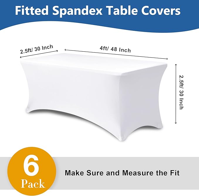 Stretch Spandex Table Covers for 4 Foot Tables-6 Pack White Fitted Table Cloth for Rectangle Folding Table Protector for Party, Vendor Booth Display, Banquet Buffet Event, Craft Trade Show