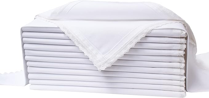 Lightnpro Set of 12 Cloth Dinner Napkins with Beautiful Lace - Cotton, Soft & Durable, Washable - Ideal for Weddings, Spring, Summer, Easter, and Everyday Use - 18x18 Inch White