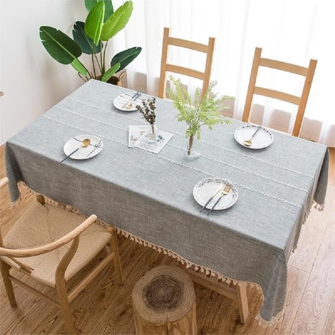Pahajim Striped Tablecloth Rectangle with Tassels Thick Linen Cotton Table Cloth for Outdoor Picnic Dining and Holiday Kitchen Decor Rectangle/Oblong,55''x118'', 10-12 Seats