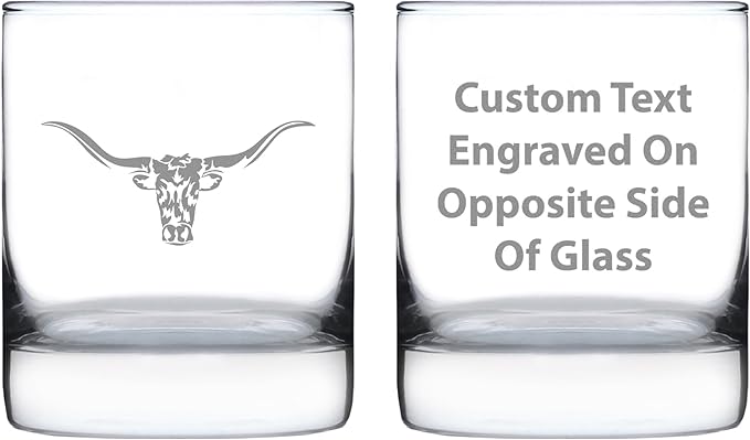 Custom Longhorn - Personalized Whiskey Rocks Glass - Western Themed Farm Decor and Gifts for Texan Ranchers - 10.25 Ounce - Customized Bourbon Glass Gift