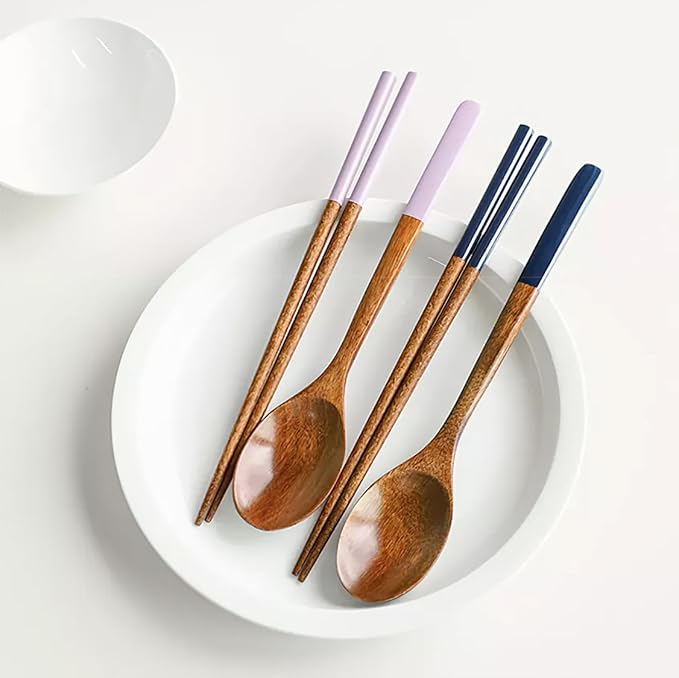 Handmade Wooden Cutlery Set by Diulazin - 4PCS Reusable Spoon and Chopsticks, High-Grade for Daily Use, Parties, Banquets, Buffets, Catering - Eco-Friendly, 9 Inch (Style B)