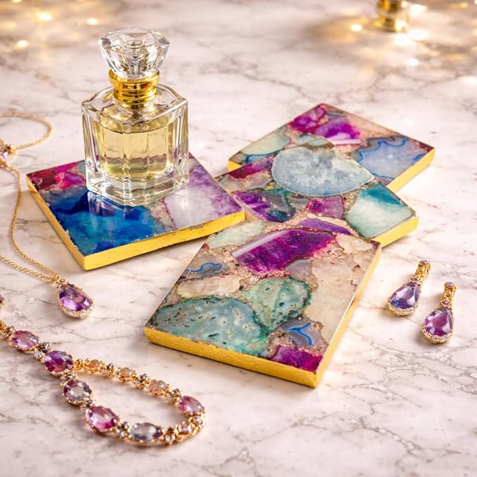 Set of 4 - Hanmade Luxury Natural Agate Stone Drink Coasters for Serveware, Wine Coasters, Table Decor, Housewarming Gift, Wedding Gift & Elegant Home Styling, Gifts for her, Table Organizers