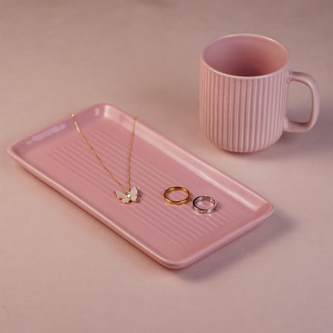 Ceramic Coffee Mugs with Handle Set – 2-Piece 11 Oz Ceramic Coffee Cups & 9" Tray, Handmade Pastel Pink Color, Microwave Safe Gift Set for Tea Lovers, Home Kitchen Décor