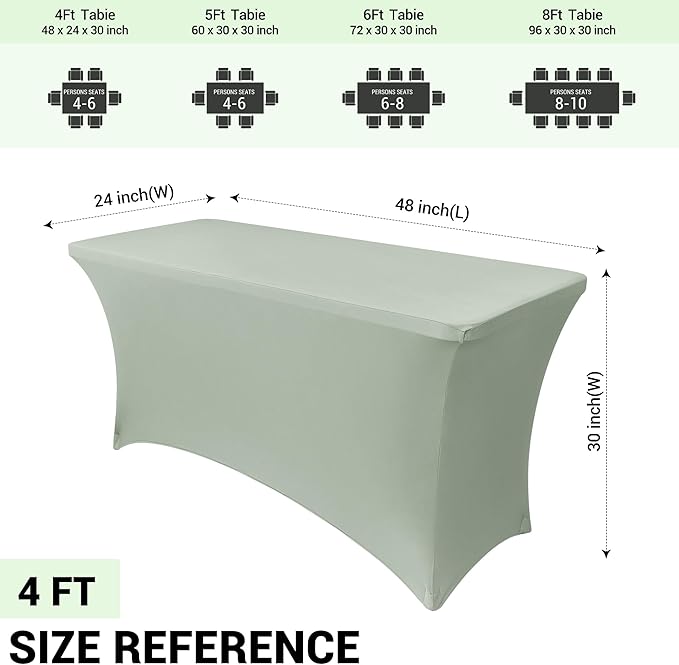 Obstal 2PC Sage Green Tablecloth - 4ft Rectangle Spandex Table Cover for Party, Events, Banquets & Weddings, Machine Washble