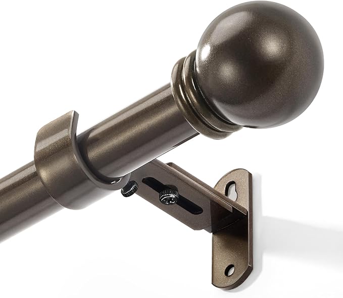 Curtain Rods for Windows 16 to 48 Inches, Curtain Rod Max Adjustable Length of 60 IN, 6/8" Diameter Drapery Rods Round Finials, Brown, Pack of 1