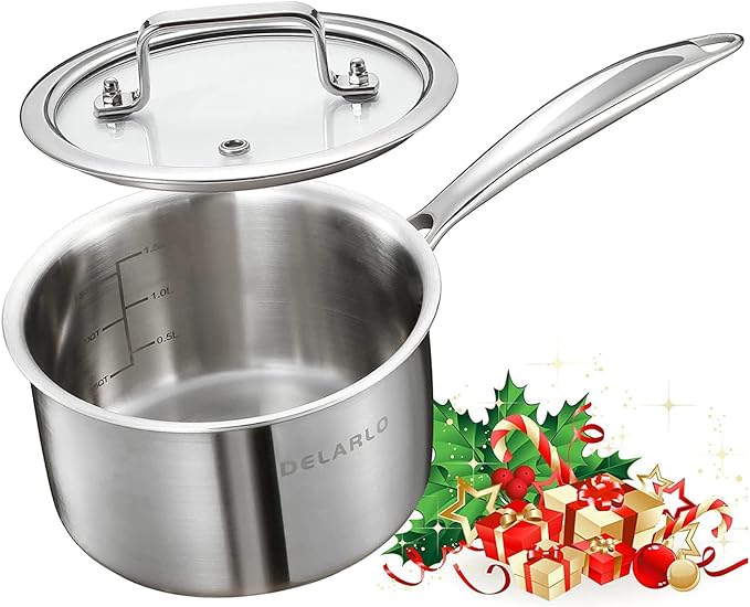 DELARLO Tri-Ply Stainless Steel 2.5 QT Saucepan with Lid, Heavy Duty Induction Pot, Fast Even Heat, Fuel Saving, Induction Cookware, Kitchen and Dining Steel Saucepan