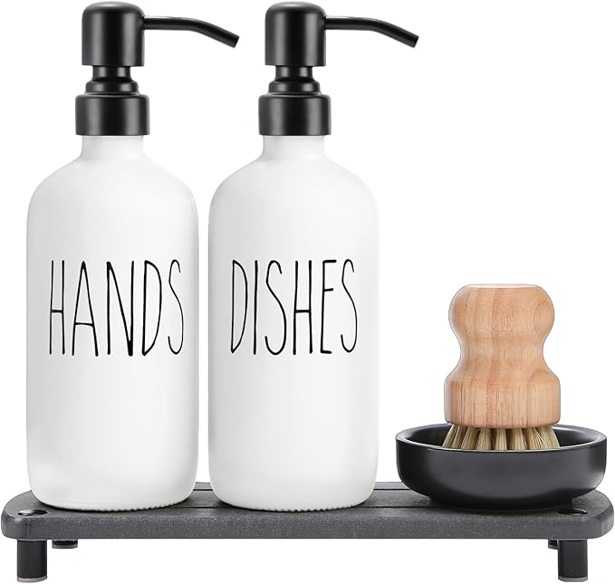 MOMEEMO White Soap Dispenser Set Comes with Stainless Pumps, Black Instant Dry Tray, and Dish Scrub Brush, Suitable for Kitchen Decor and Accessories. (White & Black)