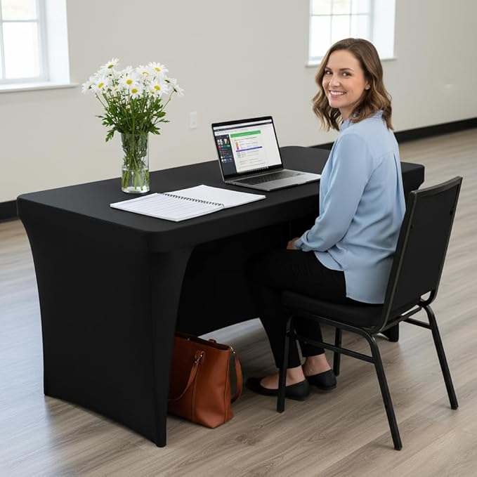 Nasitos 4 Pack 4FT Fitted Table Cloth for Rectangle Tables-Open Back Stretch Black Table Covers, Spandex Table Clothes Washable for Party, Craft Show, Wedding, Festival, Banquet, Vendor Booth