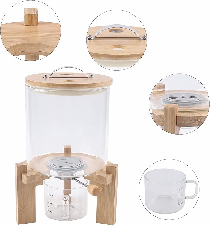 Rice Storage Containers Creative Glass Clear Container Rice Bucket with Measuring Cup and Wooden Stand Kitchen Storage Separate Grain Rice Bucket Cereal Dispenser for Kitchen and Pantry Store (5L)