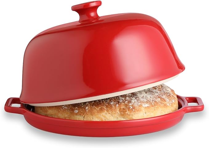 Sweejar Ceramic Bread Oven with Lid, Large Sourdough Bread Baking Pan with Handle, 5QT Porcelain Round Bread Cloche For Baking, Cooking, Roasting (Red)
