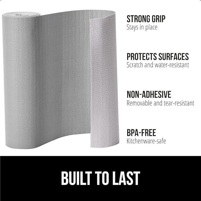 GORILLA GRIP DripGuard Shelf Liner, Non Adhesive Drawer and Kitchen Cabinet Protector, Slip Resistant BPA Free Smooth Surface Plastic Liners for Cabinets, Bathrooms, Closets, 12x120 Inch, Light Gray