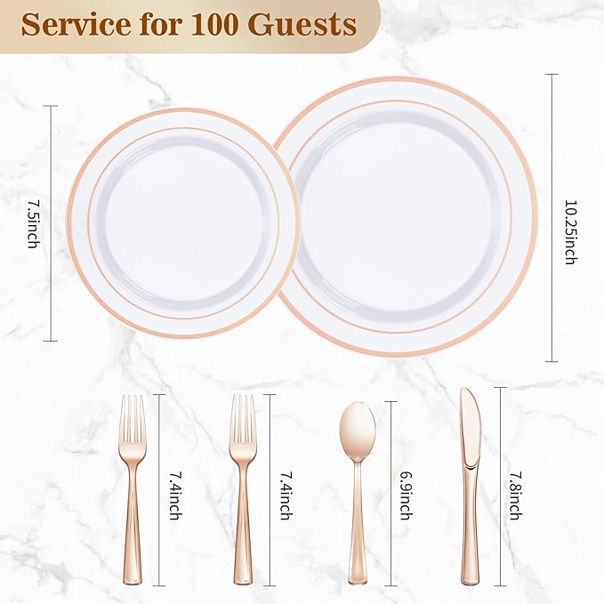 BESTVIP 600PCS Rose Gold Plastic Plate Set (100 Guests), Plastic Plates for Party Wedding Birthday, Disposable Dinnerware Set of 200 Plates, 200 Forks, 100 Spoons, 100 Knives for Christmas