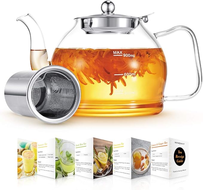 Glass Teapot, 40oz/1200ml Tea Pot with Removable Infuser for Loose Tea, Stovetop Safe Borosilicate Glass Tea Kettle with Strainer and Lid, Hand Crafted Clear Teapot with Scale Line, Tea Brewer Guide