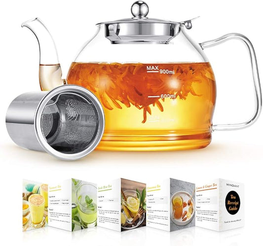 Glass Teapot, 40oz/1200ml Tea Pot with Removable Infuser for Loose Tea, Stovetop Safe Borosilicate Glass Tea Kettle with Strainer and Lid, Hand Crafted Clear Teapot with Scale Line, Tea Brewer Guide