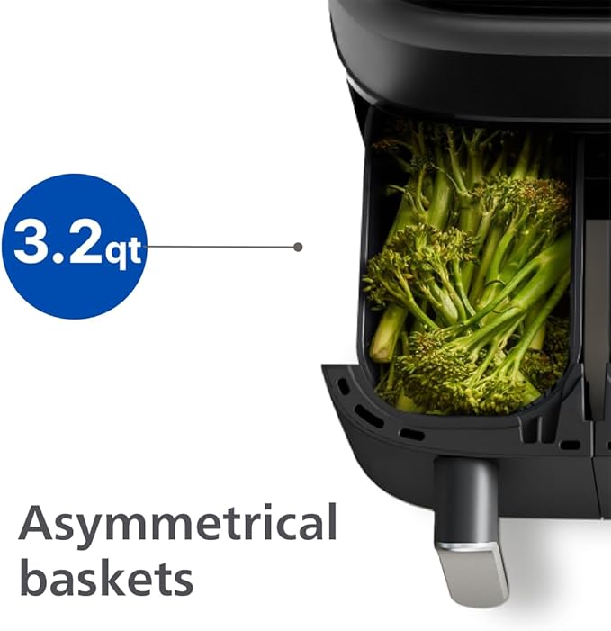 Philips Dual Basket Air Fryer 3000 Series — 8-in-1 functions, 9.5 Quarts, 2 Drawers, Auto-sync Cooking Time, 90% Less Fat, Rapid Air Technology, HomeID Recipe App, Dishwasher Safe, Black (NA351/00)