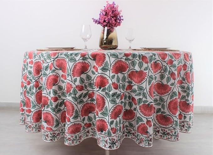 Ridhi Block Print Round Turquoise Green Reusable Tablecloth 100% Cotton 60" Inch Decorative Table Cover eveyday Dining, Home, Party, Wedding, Farmhouse Gift for Spring, Easter, Valentine