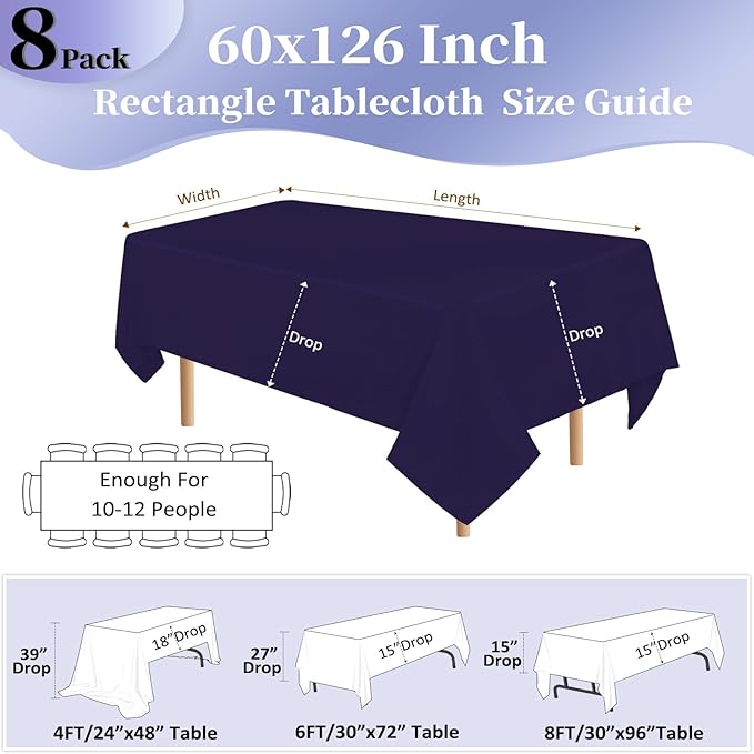 8 Pack Purple Tablecloth 60x126 Inch Rectangle Table Cloth for 8 Foot Rectangle Tables, Wrinkle Resistant Washable Polyester Fabric Rectangular Table Cover for Dining Banquet Wedding Party