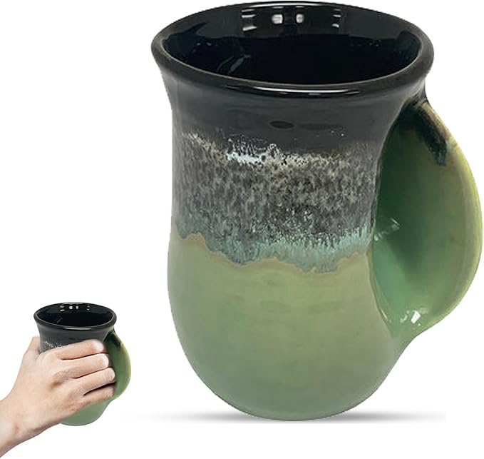 Clay in Motion Hand Warmer Coffee Mug – Handmade Coffee Mug With Comfortable Handle Contoured Pocket Hand Warming Ceramic Coffee Mug – Proudly Made in USA – Right Handed – 14 Oz - Midnight Prairie