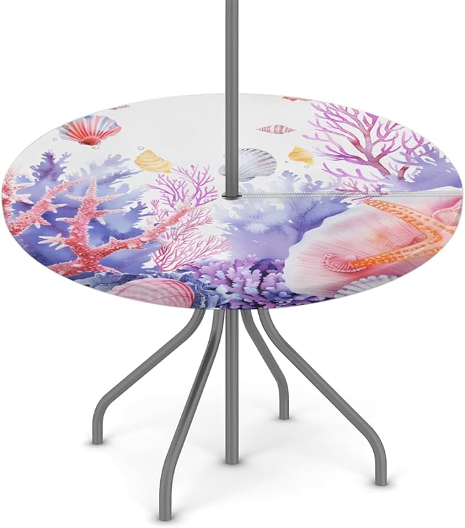 Fitted Round Tablecloth with Umbrella Hole and Zipper Coral Conch Outdoor Circle Tablecloth with Elastic 45"-56" Waterproof Oil-Proof Patio Table Cover for Picnic Camping Party