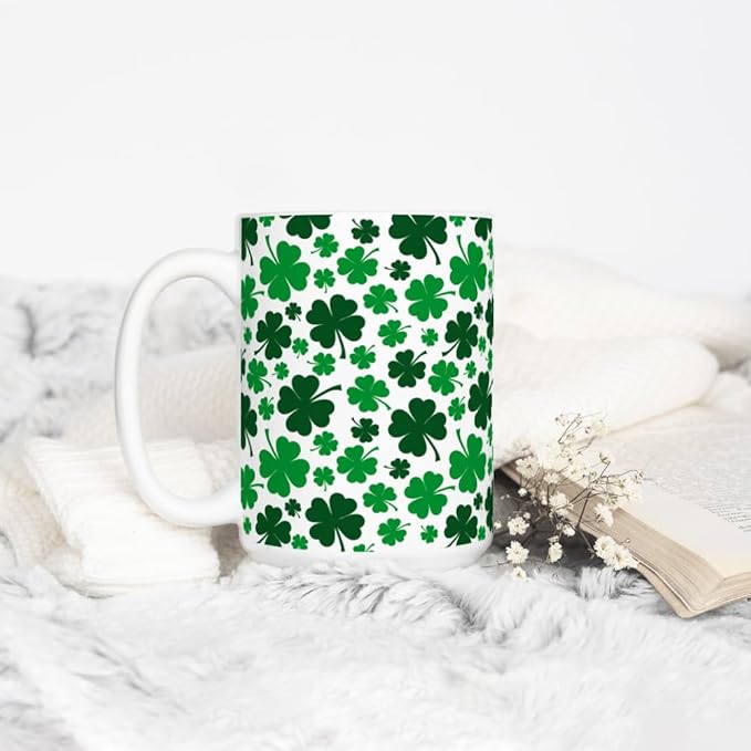 Loftipop St Patrick's Day Shamrock Coffee Mug, Green Four Leaf Clover Tea Cup, Gift for Her Mom Friend (15oz)