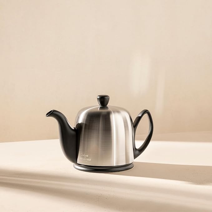 Degrenne Salam Luxury French Tea Pot - Porcelain Teapot with Brushed Aluminum Cover, Ceramic Tea Kettle for Loose Tea, Removable Infuser, 6 Cup Capacity, 36oz - Aluminum