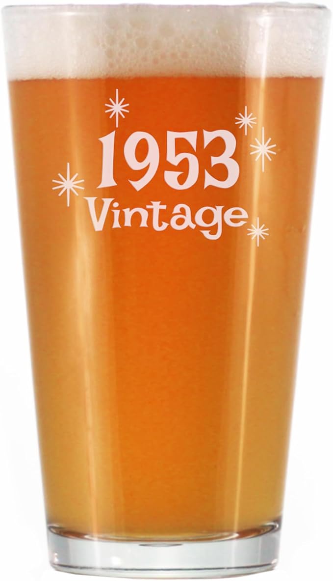 Bevvee Vintage 1953 Pint Glass for Beer - 73rd Birthday Gifts for Men or Women Turning 73 - Fun Bday Party Decor - 16 oz
