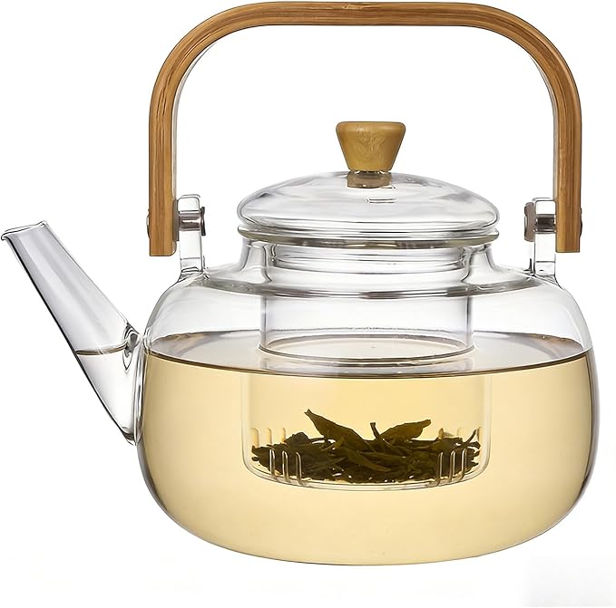 1000ml (33.8oz) Borosilicate Glass Teapot with Wooden Handle, Stovetop Safe Clear Tea Kettle with Removable Glass Infuser for Blooming Tea and Loose Leaf Tea