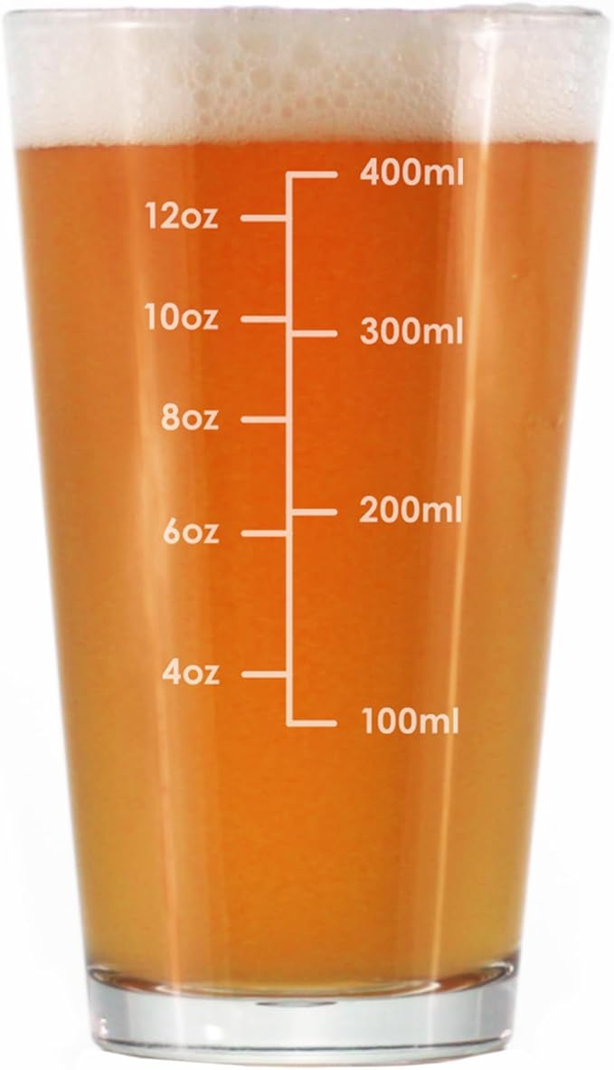 Bevvee Mixing Glass Measuring Cup - Pint Glass for Bar - Engraved Measurement Lines for Cocktails & Portion Control - Ounces and Metric - 16 oz Glasses