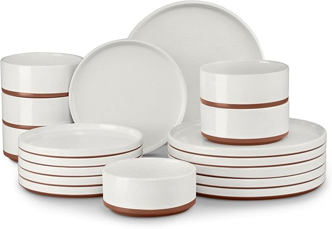 LIANYU Stoneware Dinnerware Sets Service for 6, 18 PCS Plates and Bowls Sets, Handmade Ceramic Dish Set, Highly Chip and Crack Resistant Modern Plate Set, Cloud White