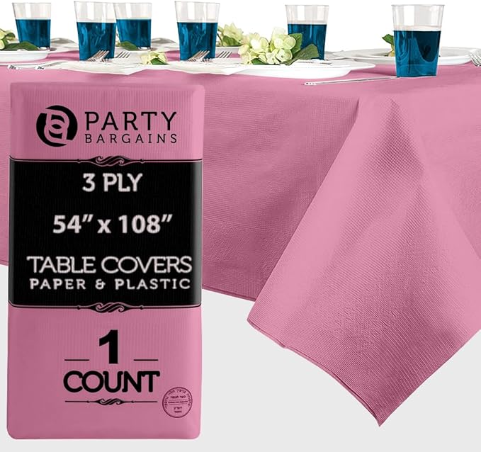 PARTY BARGAINS Disposable Table Covers, 54 x 108 Inch, Pink, 3-Ply Paper & Plastic Spill-Resistant Party Tablecloths, 1 Pack