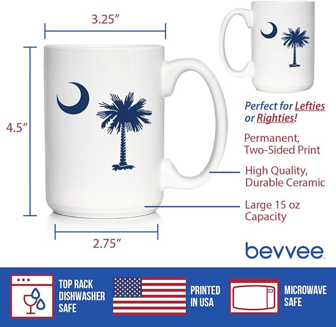 Bevvee South Carolina Flag Coffee Mug - State Themed Drinking Decor and Gifts for South Carolinians - Large 15oz White Ceramic Mug