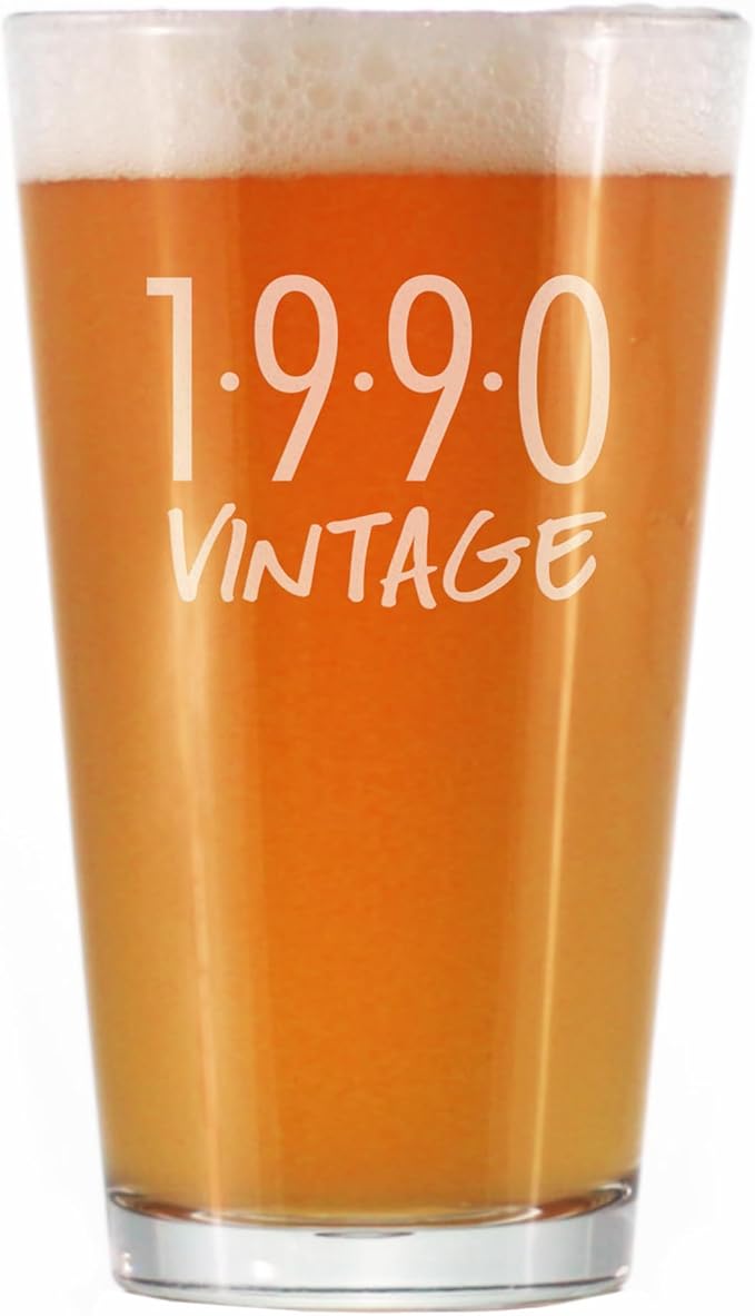 Bevvee Vintage 1990 Pint Glass for Beer - 36th Birthday Gifts for Men or Women Turning 36 - Fun Bday Party Decor - 16 oz