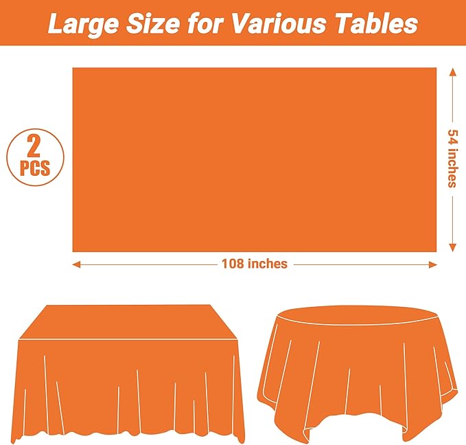 2 Pack Picnic Table Cover, 108 x 54 Inches Orange Plastic Tablecloth, Rectangle Tablecover Orange Disposable Tablecloth, Tear Resistant Table Decor Party Supplies for Wedding Birthday Anniversary