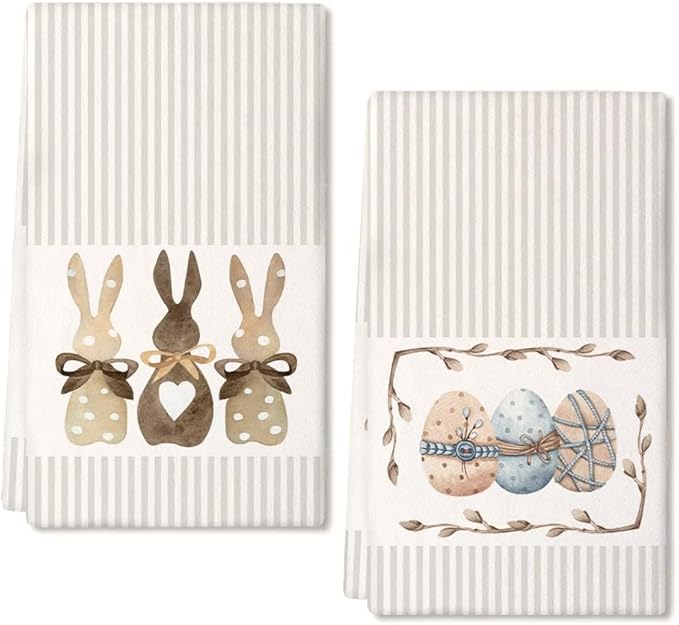 ARKENY Easter Kitchen Towels Beige Bunny Dish Cloths 18x26 Inch Ultra Absorbent Bar Drying Cloth Eggs Hand Towel for Kitchen Bathroom Party Easter Decorations Set of 2